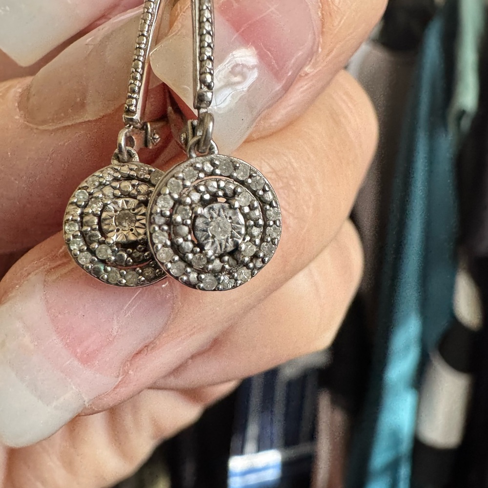 1/10 CT Diamond Halo Dangle Earrings Sterling Silver - Picture 6 of 6